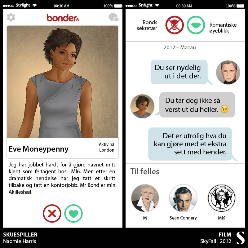 Bond Tinder Moneypenny profil med chat