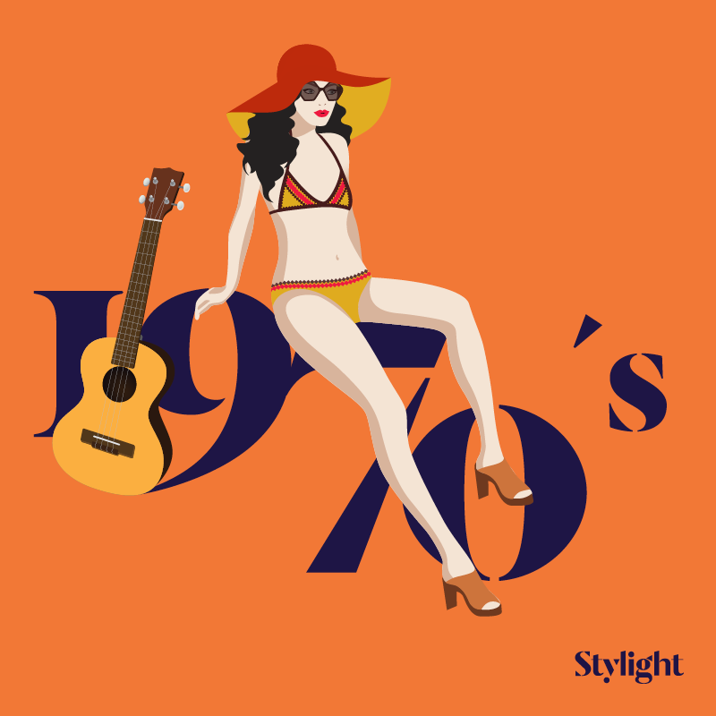 Bikini birthday 70s model in orange bikini flap hat and gitar Stylight